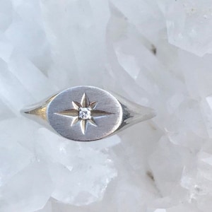 Sterling silver diamond solitaire east/west signet delicate gemstone ring brushed finish