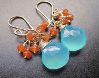 Seafoam blue chalcedony with orange carnelian gemstone dangle earrings (choose gold vermeil or sterling silver)