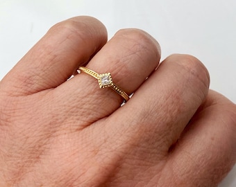 Diamond in solid 10kt gold square dainty delicate gemstone ring-genuine-bespoke