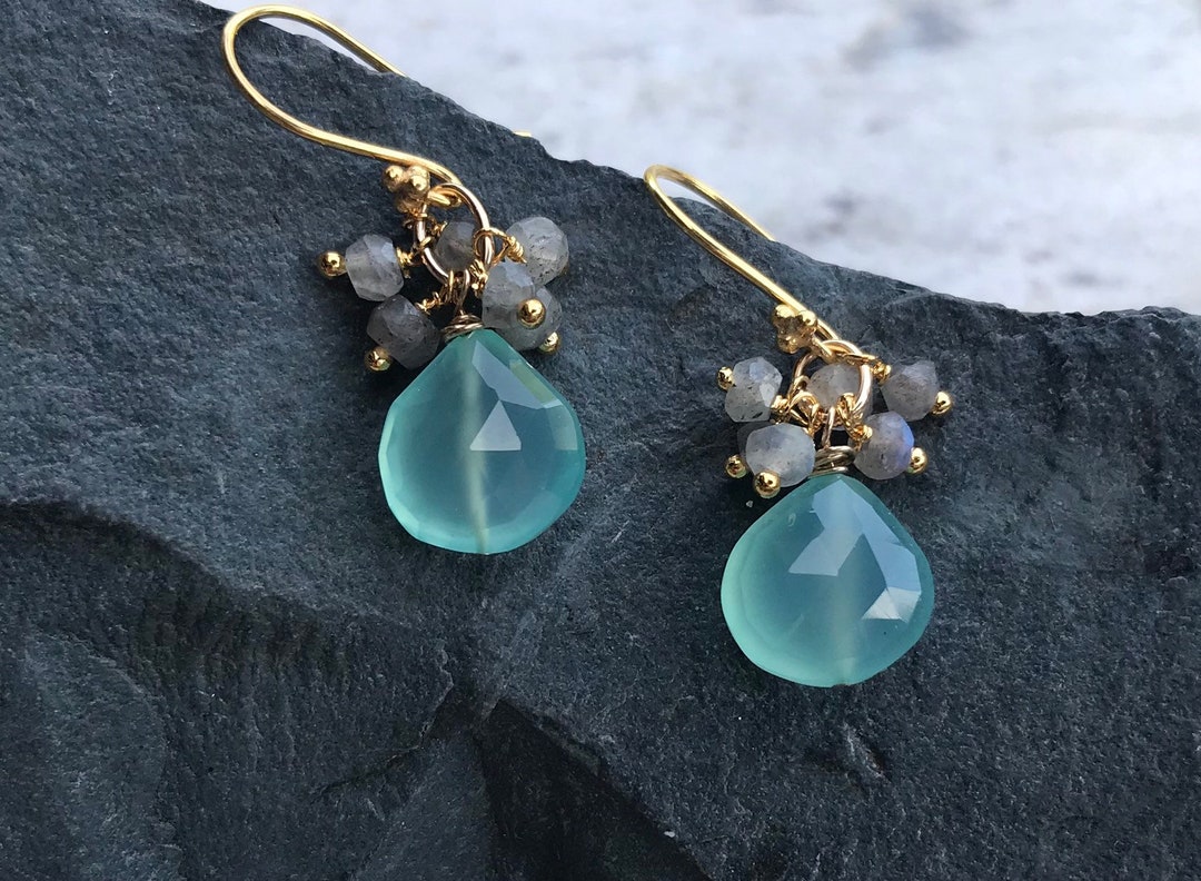 Sea Blue Chalcedony and Labradorite Gemstone Dangle Earrings - Etsy