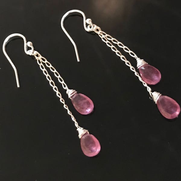 Delicate pink sapphire gemstone dangle drop earrings (sterling silver or gold vermeil)