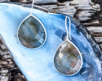 sterling silver labradorite teardrop gemstone statement earrings