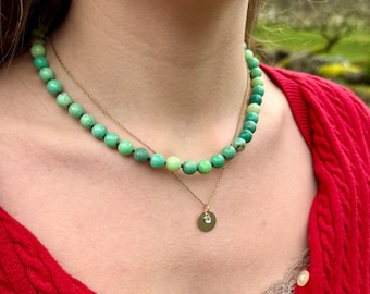 Chrysoprase gemstone beaded candy hand knotted silk spring green necklace in gold filled