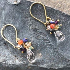 Clear quartz with multiple gemstone delicate dangle gold earrings