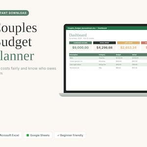 Foglio di calcolo per il budget di coppia, modello di budget condiviso per Google Sheets ed Excel, divisione equa delle spese, monitoraggio delle bollette condivise, calcolatore per la liquidazione.