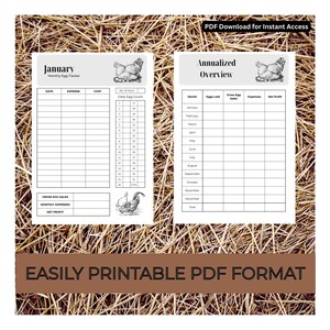 May include: Two printable PDF pages for tracking egg production. One page is for January, and the other is an annual overview. Each page has a header with a chicken illustration. The bottom of the image has the text "EASILY PRINTABLE PDF FORMAT".
