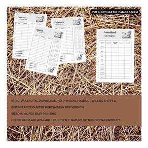 May include: A digital download of printable planner pages with a chicken illustration. The pages are labeled with months and "Annualized Overviews". The text at the bottom states: "Strictly a digital download. No physical product will be shipped."