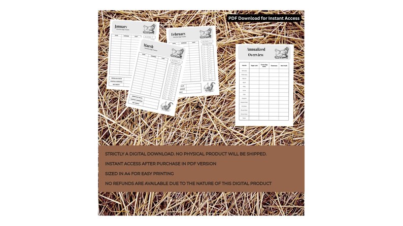 May include: A digital download of printable planner pages with a chicken illustration. The pages are labeled with months and "Annualized Overviews". The text at the bottom states: "Strictly a digital download. No physical product will be shipped."