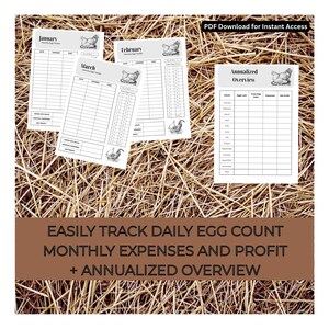 May include: A collection of printable egg tracking sheets with a hen illustration. The sheets are labeled with months and include spaces for daily egg counts, expenses, and profit. The text reads: "EASILY TRACK DAILY EGG COUNT MONTHLY EXPENSES AND PROFIT + ANNUALIZED OVERVIEW."