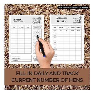 May include: A printable monthly egg tracker and annualized overview, with a hand holding a pen, designed for tracking egg production. The pages are white with black text and illustrations of chickens. The text at the bottom reads: "FILL IN DAILY AND TRACK CURRENT NUMBER OF HENS."