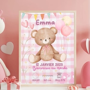 Personalized birth poster - First name, date, weight - Baby girl room decor