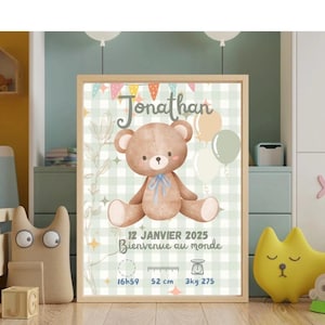 Personalized birth poster - First name, date, weight - Baby boy room decor