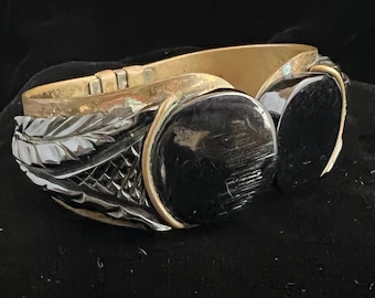 Vintage 1940s Deep Carved Bakelite and Brass Clamper Cuff Bracelet