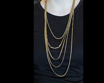 Vintage 5 Strand Gold Tone Chain Necklace With Butterfly Clasp 26"