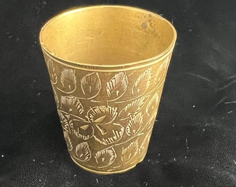 Vintage Indian Hand-Engraved Etched Leaf Patterned Brass Metal Lassi Cup Marked India 2545