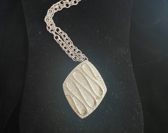 Vintage Sarah Cov Geometric Silver Tone Diamond Shape Pendant\ Brooch, Long, Mod Signed