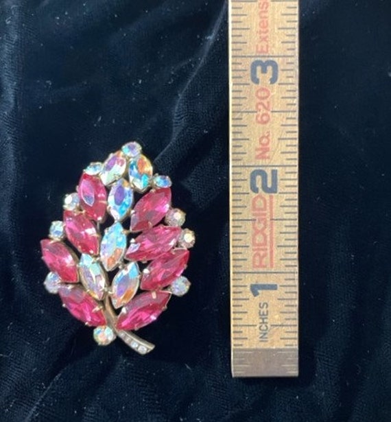 Vintage Pink Rhinestone and Aurora Borealis Leaf … - image 3
