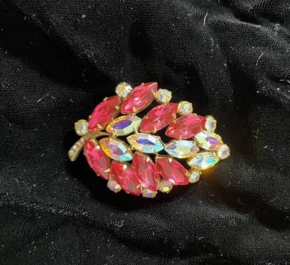 Vintage Pink Rhinestone and Aurora Borealis Leaf … - image 1