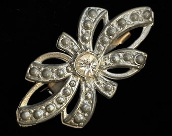 Vintage Ribbon Bow Brooch with Rhinestone Center Pot Metal Casting Unique