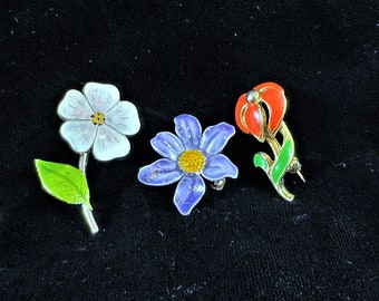 Beautiful Vintage Enameled Flower Brooch Set of 3