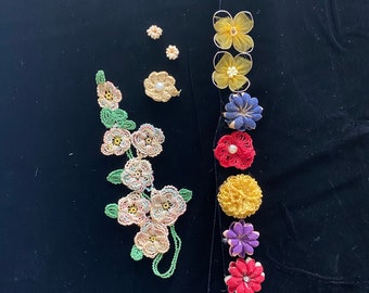 Vintage Fabric and Embroidered Flowers Jewelry Destash Upcycle Creative Lot