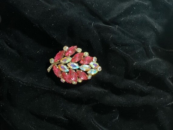 Vintage Pink Rhinestone and Aurora Borealis Leaf … - image 5