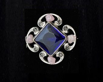 Vintage Rare Bohemian Glass Brooch Silver Tone Scroll Design with Small Blue Faceted Stones and Natural Pink Stones