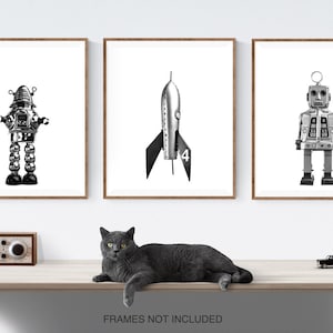 Robot and Rocket Space Themed Wall Art Set of 3, Prints or canvas, Retro robot  outer space nursery decor,