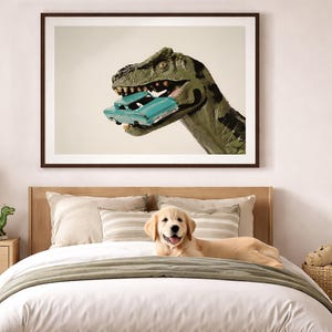 Dinosaur Eating Car Photo Print, Boys Room Art