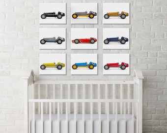 Racecar Print Set of 9 Prints or Canvas, Vintage Car prints, Vintage car nursery, Car Nursery Art, Toddler art
