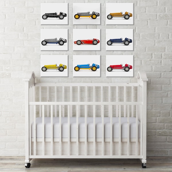 Vintage Racecar Print Set, Car Nursery Art, Toddler Room Decor