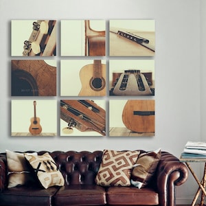 Acoustic Guitar Parts Vintage Color Tone, Set of Nine Photo prints, Music theme, guitar room, Music Decor