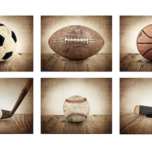 Vintage Sport Prints, Vintage Brown Background Set of 6  , Sports Decor, Boys Room Decor