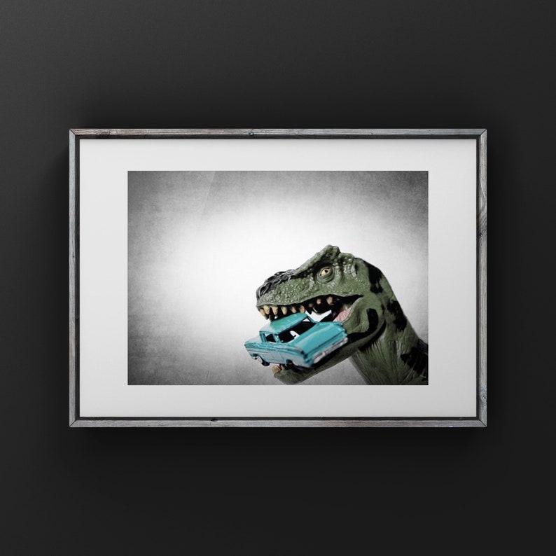 Tyrannosaurus Car Chomp, Dinosaur, Photo Print, Boys Room Decor, Dinosaur Art, Dino eating car print or canvas immagine 7