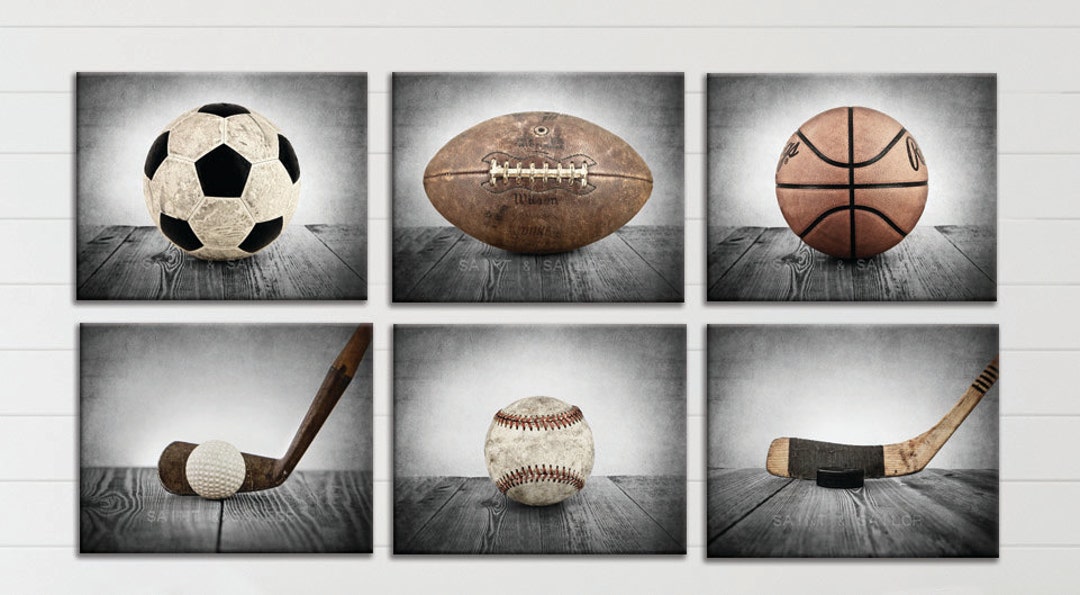 Vintage Sport Prints, Color Balls on Vintage Background Set of 6