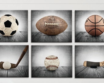 Vintage Sport Prints, Color Balls on Vintage Background Set of 6 Stretched Canvases Ready to Hang  , Sports Decor, B