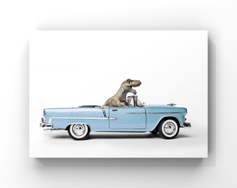 T-Rex Driving 55 Chevrolet Bel Air décapotable, impression photo, décoration de chambre de garçons, art de dinosaure, impression sans cadre ou toile