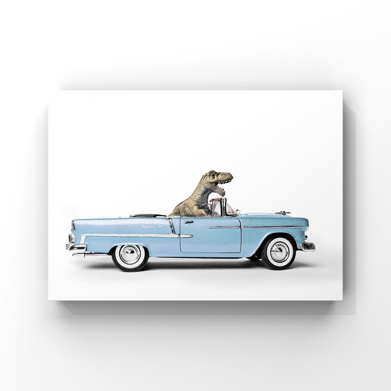 Tyrannosaurus Driving 55 Chevy Bel Air convertible, Photo Print, Boys Room Decor, Dinosaur Art, unframed print or canvas Light Blue