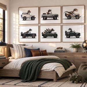 Set of Six Dinos Driving 4x4s, Unframed Photo Prints or Canvases, Dino Nursery Decor, Dinosaurs in cars Wall art, Bronco, Rovers, Scout