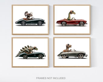 Set of Four Dinos in Cars, Photo Prints, Dino Nursery Decor, Dinosaurs in cars Wall art, Ferrari,