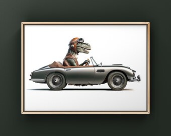 T-Rex Driving Vintage Maserati Art Print, Dino Room Decor, Dinosaur Art, unframed print or canvas