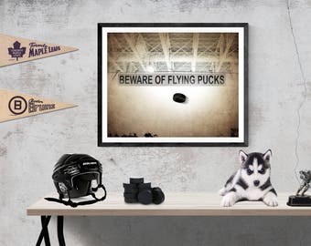 Beware of Flying Pucks Photographic art Print, Boys Room decor, Boys Nursery Ideas, Sports art, Sport Prints, Man Cav