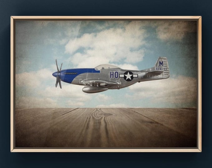 Vintage WWII P51 Mustang Photo Print, Boys Nursery Decor