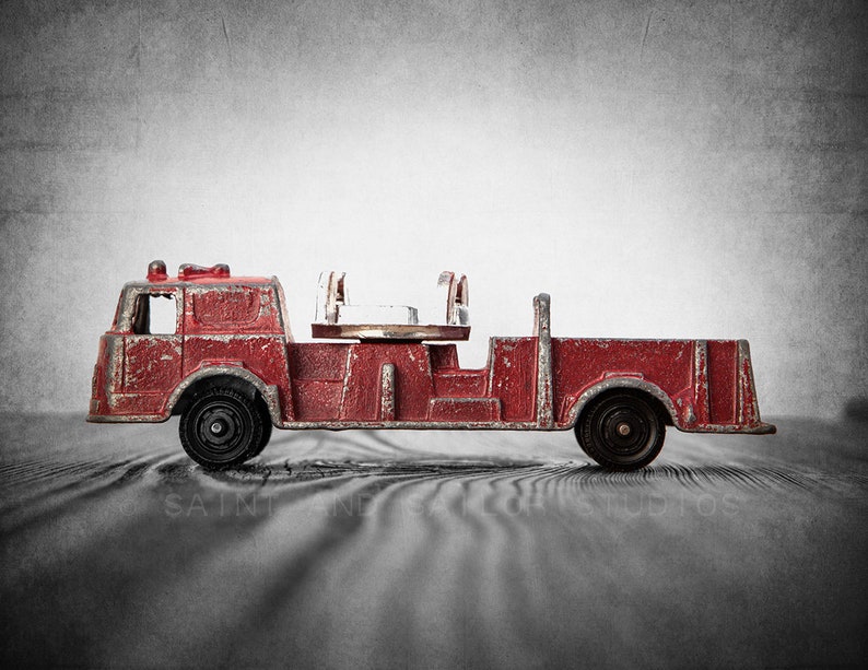 Firetruck Wall art set, Vintage Fireman Watering Truck and Fire Engine on Wood Set of Two Photo Prints, Boys Room decor, Boys Nursery Art image 9