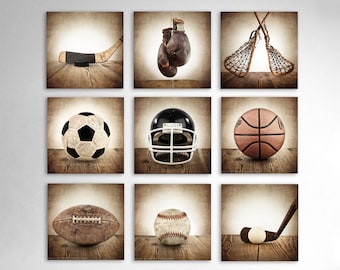 Vintage Sports Photo Canvas Set, Rustic Nursery Decor, Set of 9