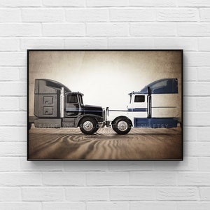 Trucker kids wall art, The Semi Truck Face off, UnFramed print or canvas. Truck room decor