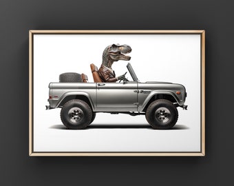 T-Rex conduisant un Bronco argenté des années 1970, impression photo, décoration de chambre de garçons, art de dinosaure, impression sans cadre ou toile