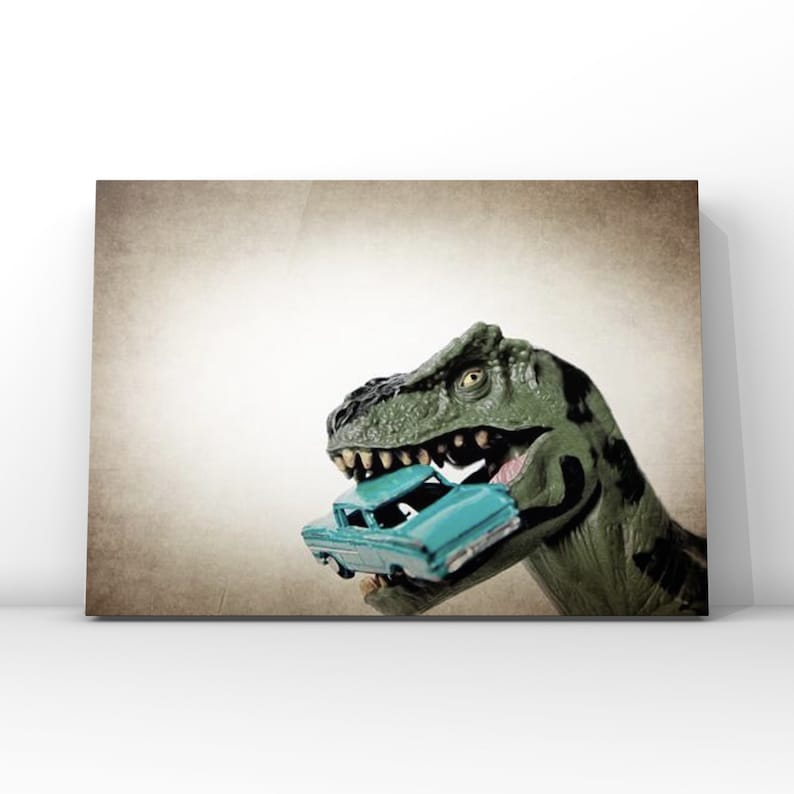 Tyrannosaurus Car Chomp, Dinosaur, Photo Print, Boys Room Decor, Dinosaur Art, Dino eating car print or canvas image 4