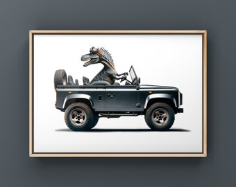 Spinosaurus  Driving 90s Black Land Rover Art Print, Dino Drivin Room Decor, Dinosaur Art, unframed print or canvas