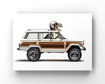 T-Rex Driving 1970s White with wood Jeep Wagoneer, Art Print, Dino Drivin Room Decor, Dinosaur Art, unframed print or canvas